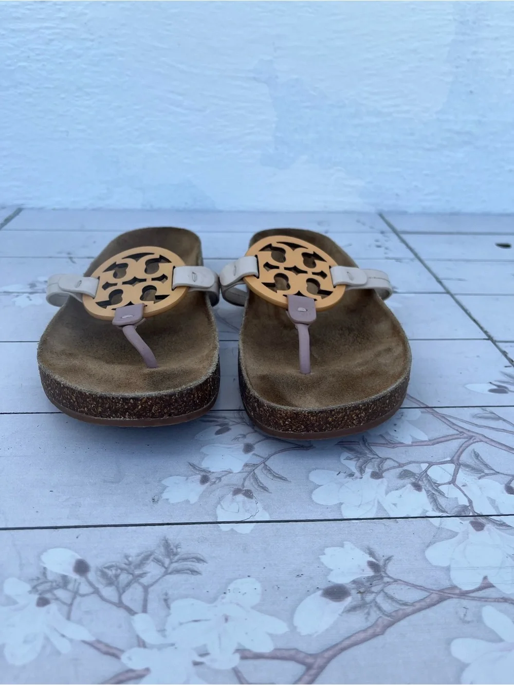 Tory Burch White and Pink Miller Logo Thong Sandals